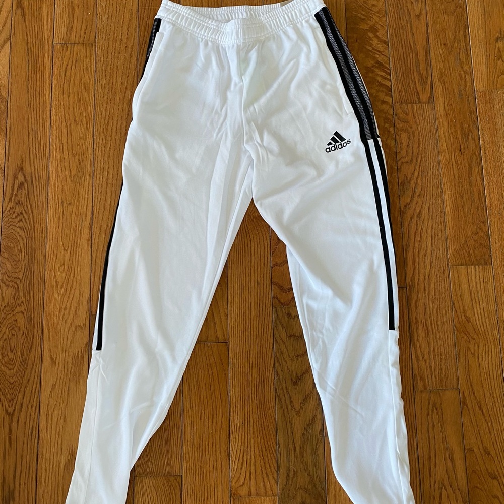 White tapered leg Adidas sweatpants